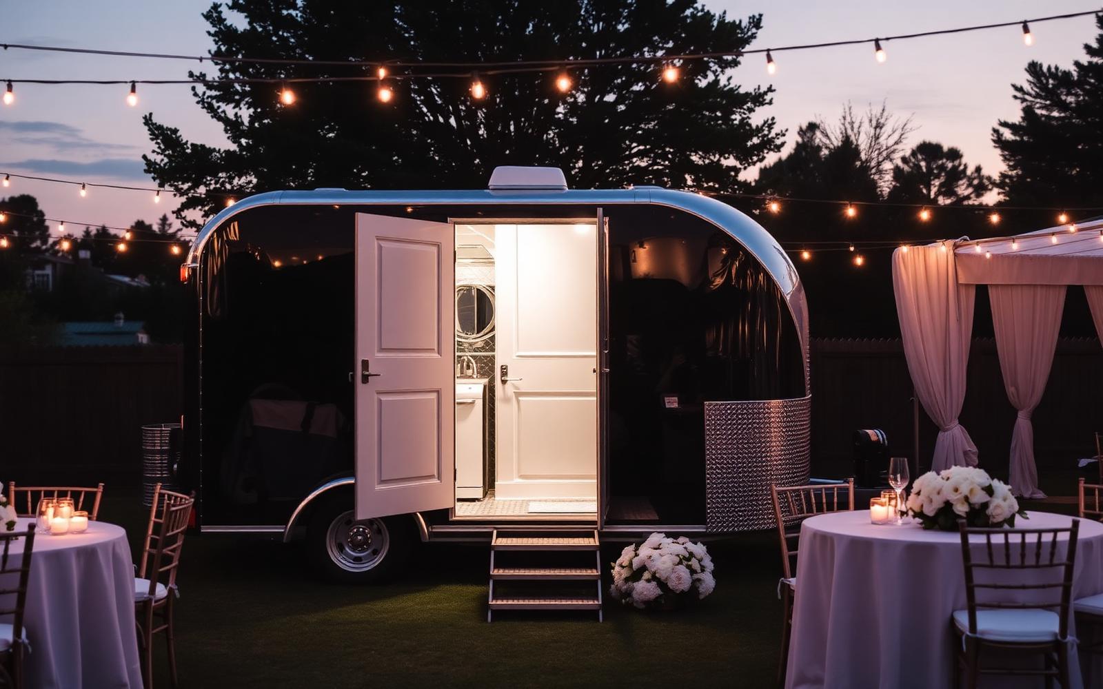 Luxury restroom trailer at an elegant outdoor wedding
